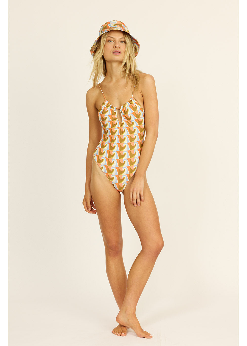 Wave Check Gathered One Piece